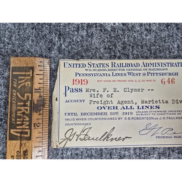 US Railroad Administration 1919 Pass Mrs. F.E. Clymer Wife Of Agent Marietta - Picture 3 of 4